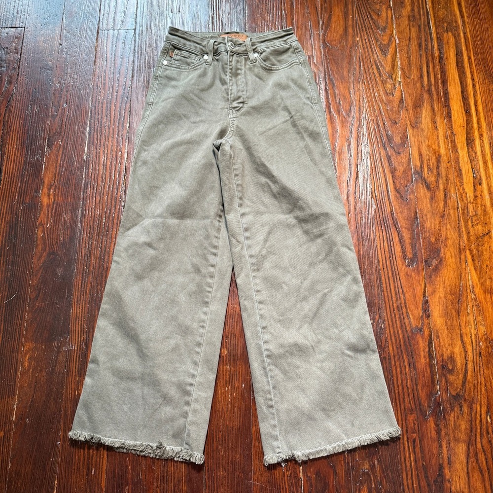 Judy Blue Jeans Womens 1/25 Olive Green Raw Hem Wide Leg Cropped JB88734